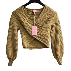 Muse Y2K Sweater Beige‎ Faux Wrap Cable Knit Cropped Size S Preppy Coquette
